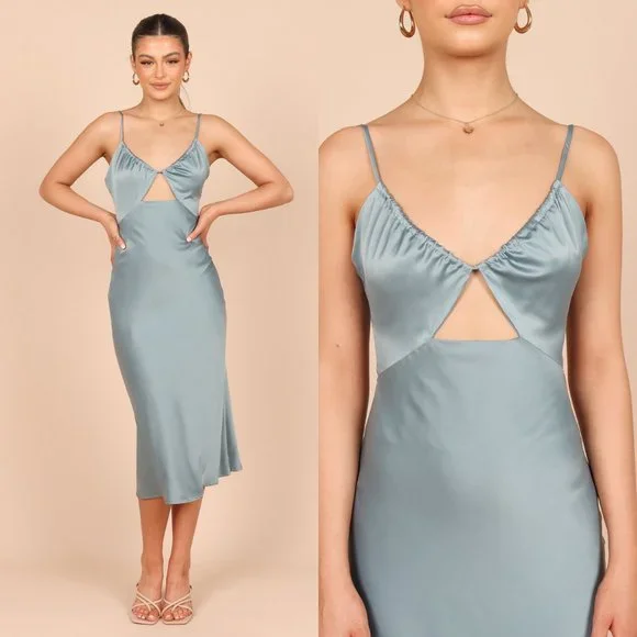 Petal & Pup NEW Cut Out Blue Satin Formal Midi Dress Size XL - Picture 2 of 11